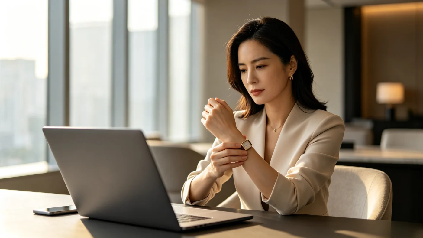 Beyond the Mouse: Carpal Tunnel Relief at Home Image Modern professional woman experiencing wrist numbness from laptop use in Singapore CBD office.