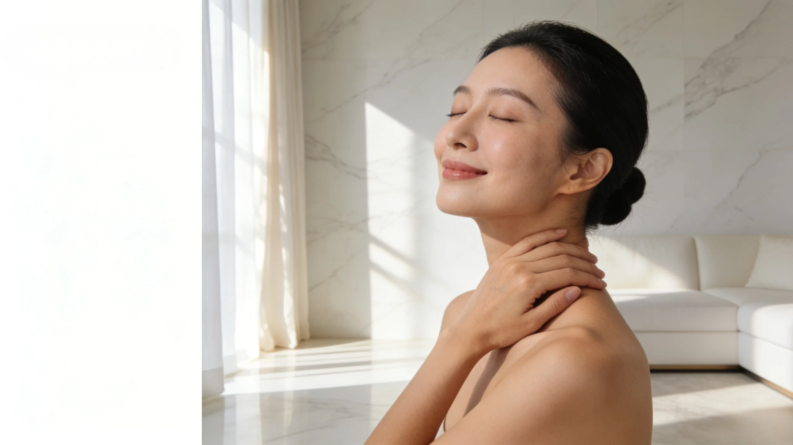 An elegant woman experiencing body fatigue pain relief using the Vimea smart meridian clearing device for deep neck and shoulder relaxation in a sunlit wellness room.