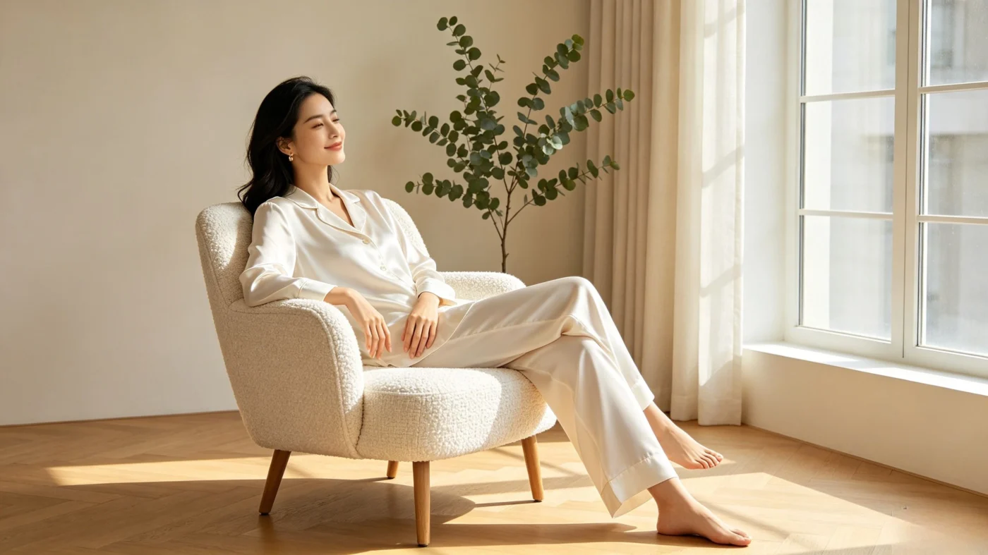 Elegant woman in silk loungewear using a chest massage device for postpartum breast lifting care at home.